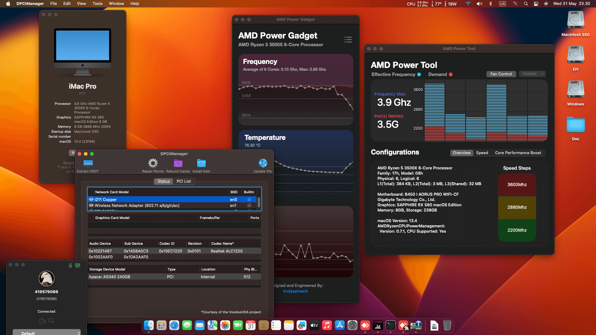 Success Hackintosh macOS Ventura 13.4 Build 22F66 in Gigabyte B450 I Aorus Pro Wifi + AMD Ryzen 5 3500X + Sapphire RX 580